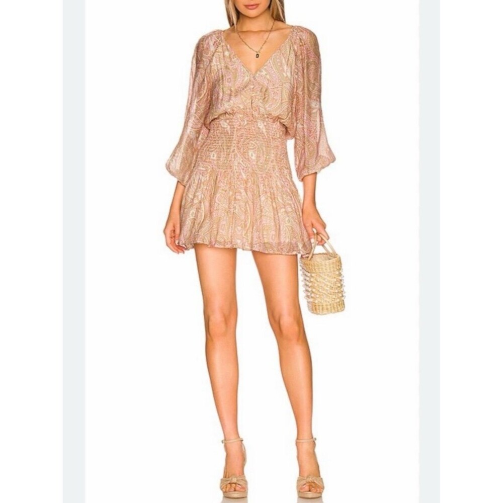 MINKPINK Catalina Smocked Waist Mini Dress Women's S Pink Green Paisley Coquette